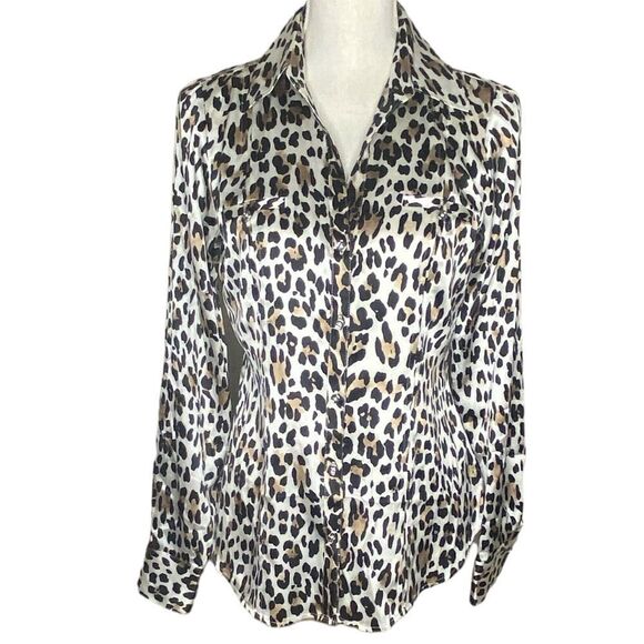 WHBM Wm’s Sz 4 All Over Leopard Print Button Down Silk Stretch Button Down Shirt - Picture 1 of 6